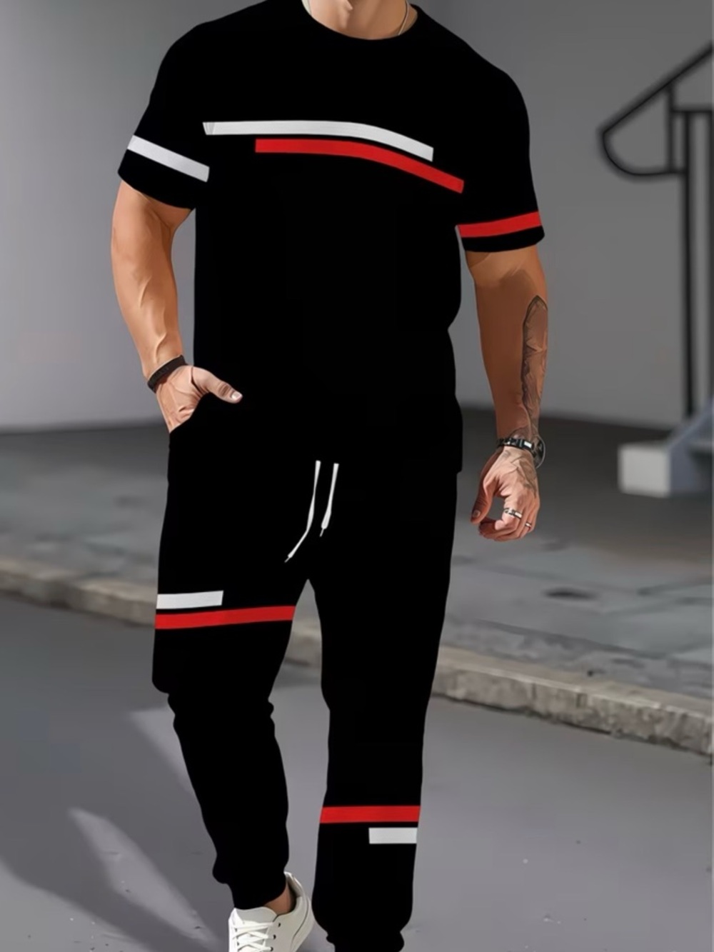 Men's Black Athletic Drawstring Shorts with Red & White Accents